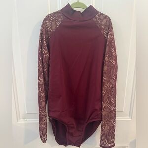 Burgundy Lace Sleeve Leotard - LC